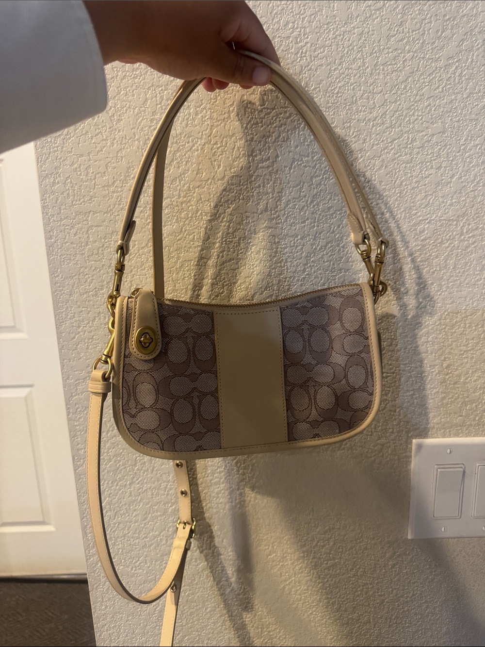 Coach Beige Signature Canvas & Leather Shoulder Bag with Gold Hardware